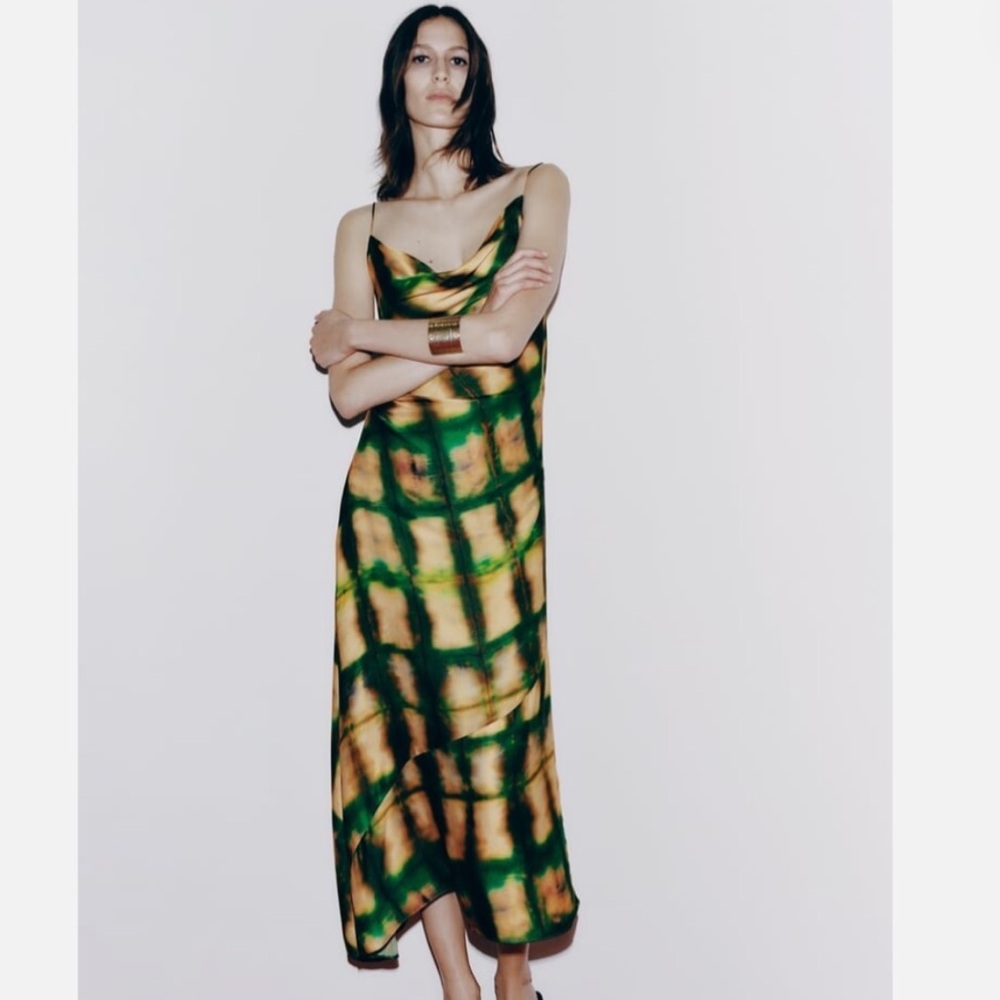 Zara Green and Black Sleeveless Slip Dress